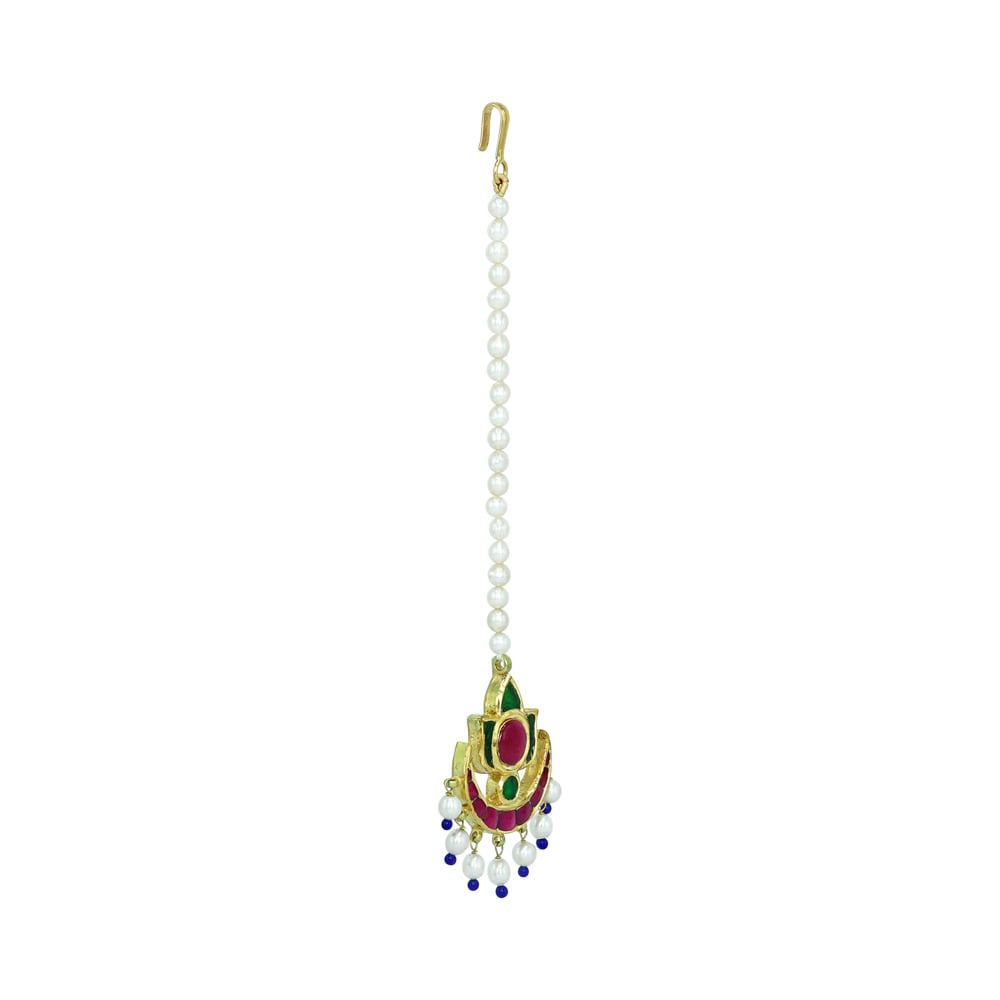Crescent Cabochon Mangtikka with Red-Green Stones and Pearls